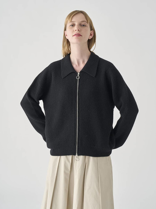 ［Eco Cashmere］カシミヤ混　襟付きジップアップリブニットジャケット | DISLEY | 7G 詳細画像 BLACK 3