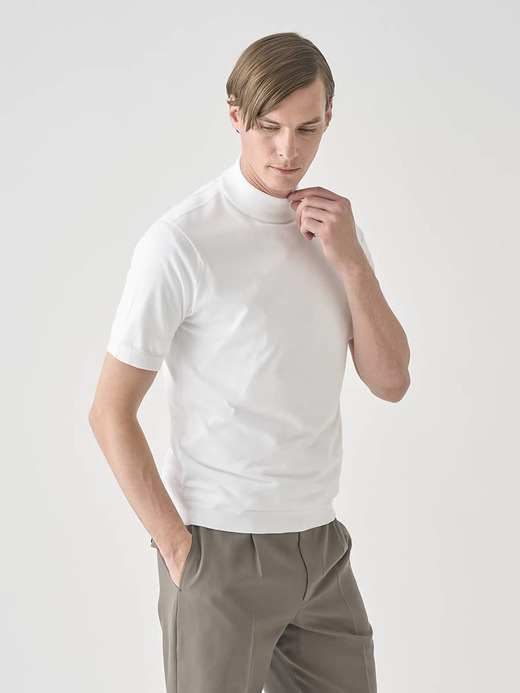 モックネック半袖コットンニットＴシャツ | ARBER | 30G MODERN FIT 詳細画像 WHITE 1