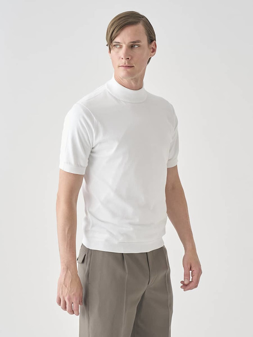 モックネック半袖コットンニットＴシャツ | ARBER | 30G MODERN FIT 詳細画像 WHITE 6