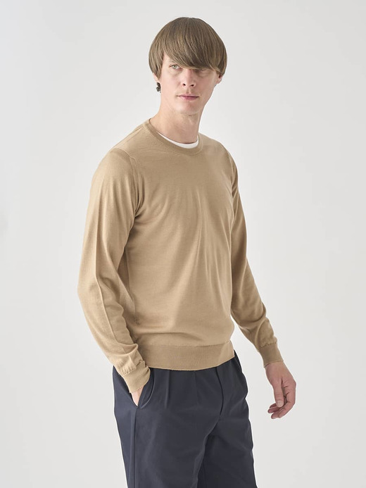 ［LUXURY FIBRES］カシミヤシルククルーネック長袖ニットプルオーバー | PAXEN | 30G EASY FIT 詳細画像 CAMEL 1